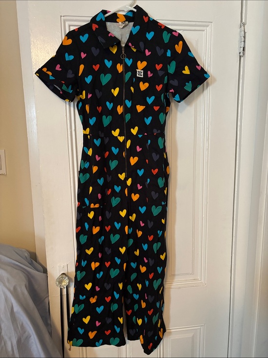 Lucy & Yak Pants - Lucy & Yak Black Jumpsuit with Multicolor Heart Pattern